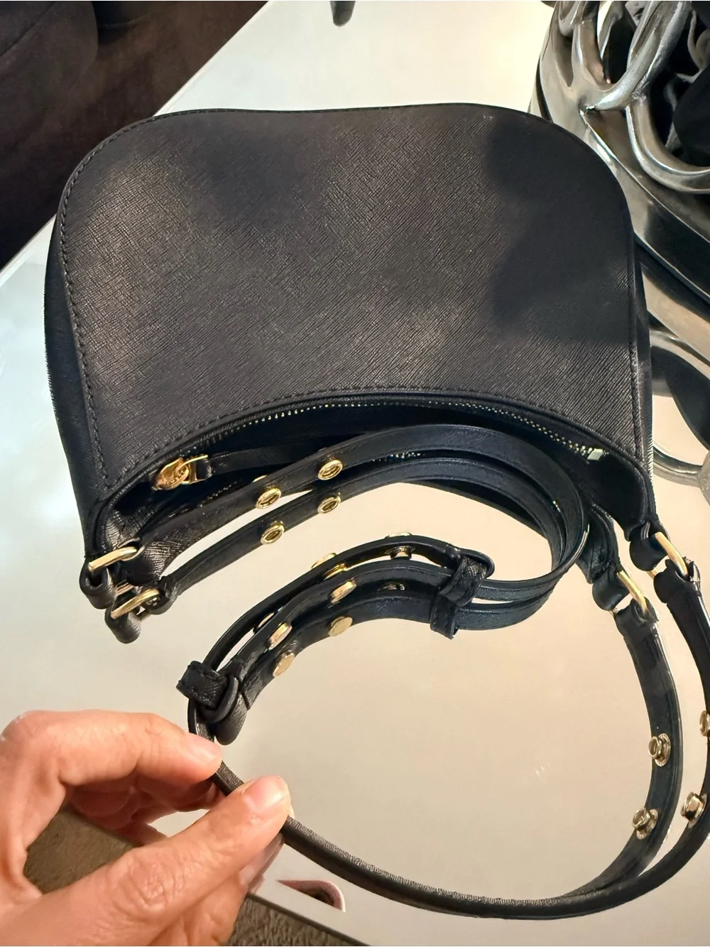 Tory Burch Black Saffiano Leather Shoulder Bag with Gold Hardware